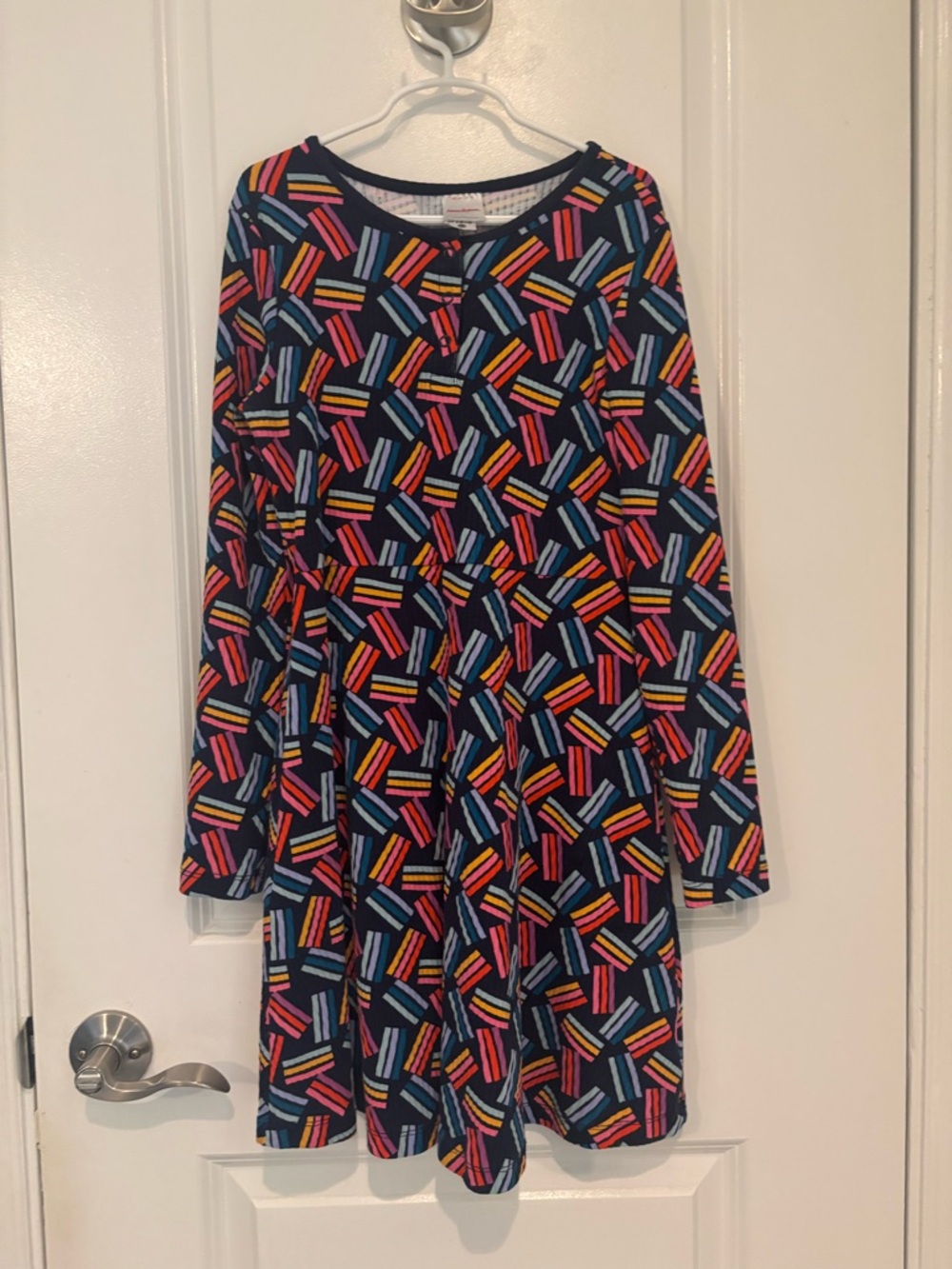 Hanna Andersson Navy Dress with Multi-Color Stripes 140/ Size 10